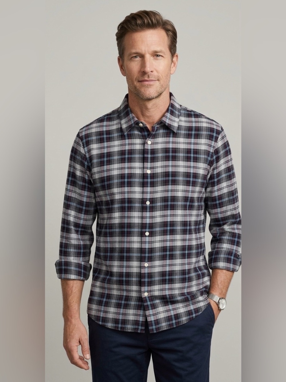 Vince Men's Classic Fit Plaid Button Down Shirt Grey Blue Burgundy Size XL
